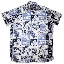 Camisa hawaiana tiki blanco y azul