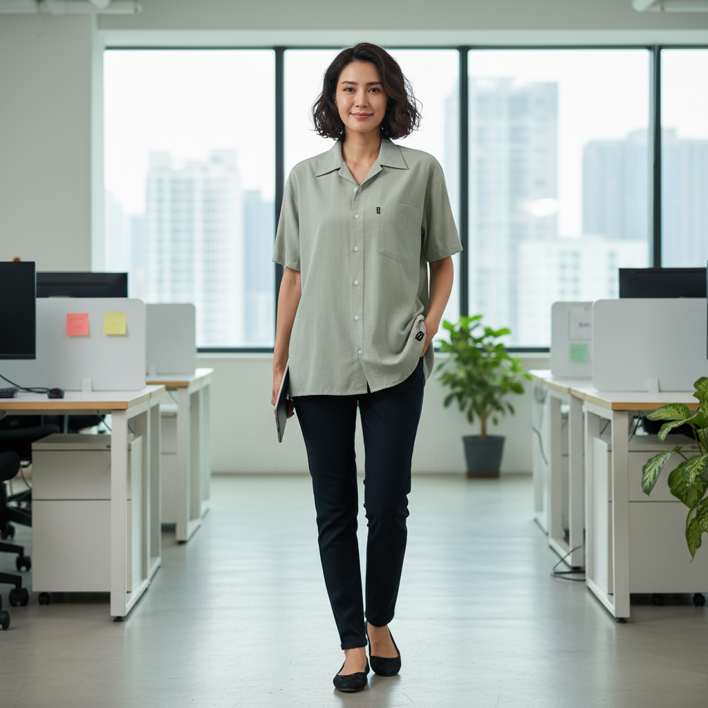 Camisa de trabajo oxford manga corta mujer verde militar - Imagen 2