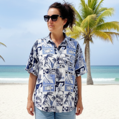 Alternative view of Camisa hawaiana mujer tiki blanco y azul